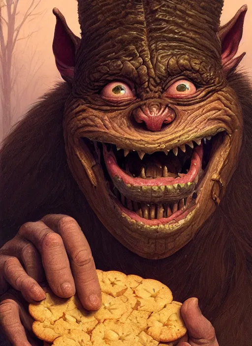 Prompt: highly detailed closeup portrait of a medieval goblin eating cookies, stephen bliss, unreal engine, greg rutkowski, ilya kuvshinov, ross draws, hyung tae and frank frazetta, tom bagshaw, tom whalen, nicoletta ceccoli, mark ryden, earl norem, global illumination, god rays, detailed and intricate environment