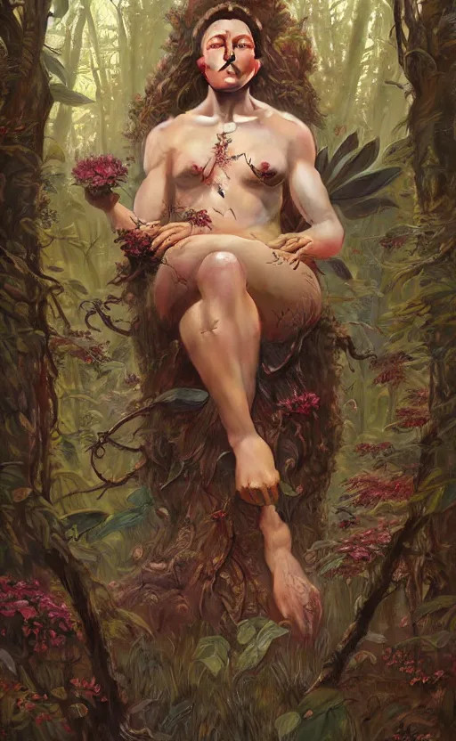 Image similar to elon musk god of the forest, 3 0 years old, rugged, female, gorgeous, detailed face, amazing, thighs, flowers, muscular, intricate, highly detailed, digital painting, artstation, concept art, sharp focus, illustration, art by greg rutkowski and alphonse mucha