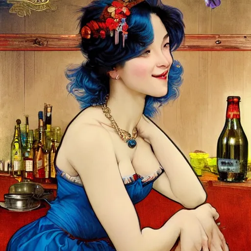 Prompt: a smiling happy beautiful barmaid with short blue hair wearing a red satin dress in a rustic saloon, beautiful sparkling blue eyes, caucasian, fantasy, intricate and very beautiful and elegant, highly detailed, digital painting, artstation, concept art, smooth and sharp focus, illustration, art by tan zi and artgerm and alphonse mucha and peter mohrbacher