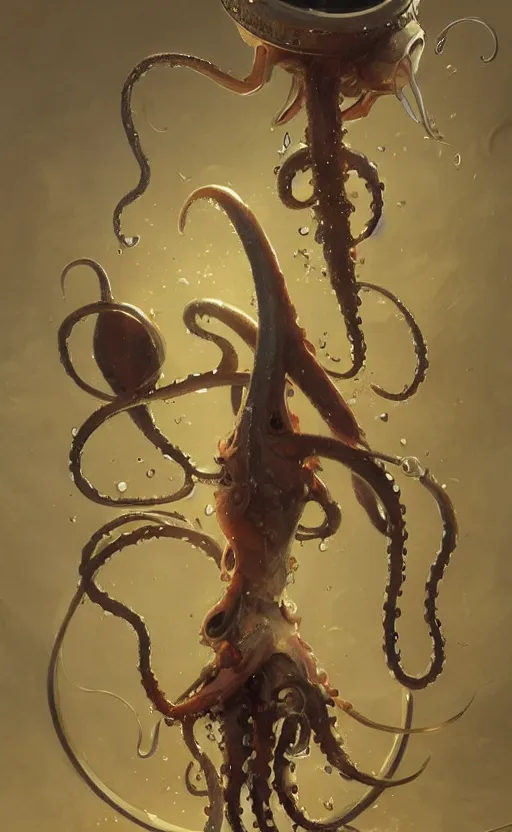 Image similar to a painting of a squid banging the drums with its tentacles, by greg rutkowski, featured on artstation