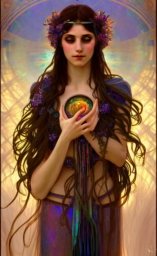 Image similar to ancient greek and gypsy and druid culture crossover, female, ecopunk art nouveau architecture, iridescent and opalescent, twilight, refractive crystal, elegant, feather hair ornaments, highly detailed, digital painting, glowing particles, misty, cinematic lighting, smooth, sharp focus, art by nixeu, by wlop, by alphonse mucha.