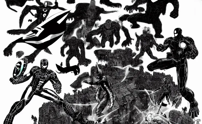 Prompt: black and white avengers fights with marvel monsters, isometric, by tsutomu nihei