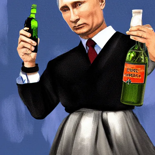 Image similar to vladimir putin wearing a mini skirt and holding a bottle of arak, cinematic, beautiful digital painting, hyper detailed