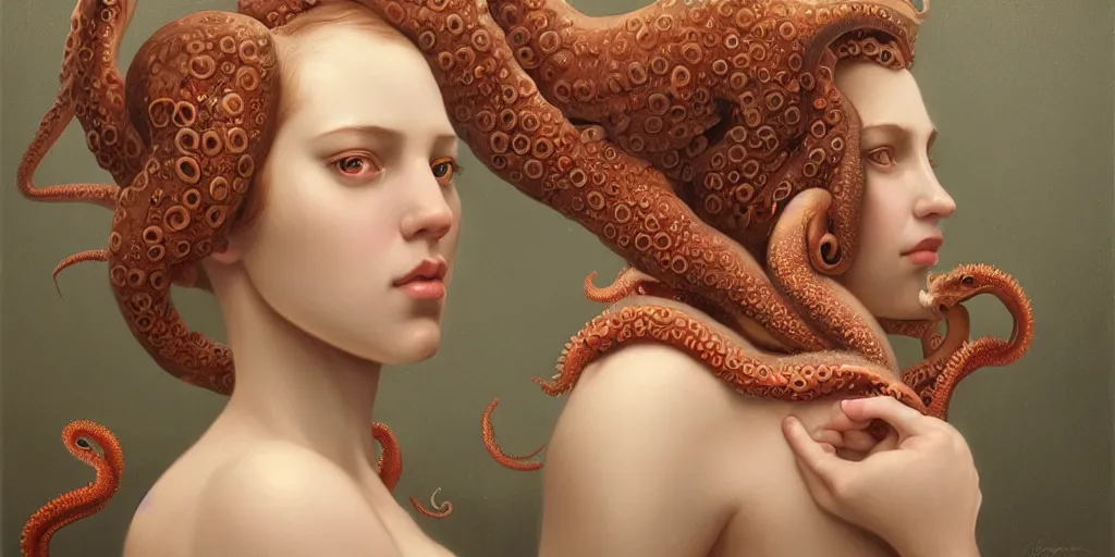 Image similar to An incredible detailed portrait of a young woman and an octopus, in the style of pre-Raphaelite, by Goro Fujita, Tom Bagshaw, trending on Artstation, 8k, masterpiece, fine detail, full of color, intricate detail