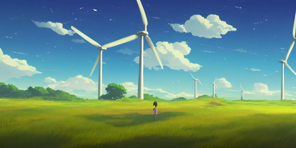 Image similar to beautiful anime painting of a field with wind turbines, clear blue skies, beach, rolling green hills, daytime, by makoto shinkai, kimi no na wa, artstation, atmospheric.