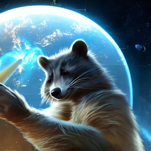 Prompt: A digital concept art painting a space cosmic racoon in the stars 4K UHD image, unreal engine