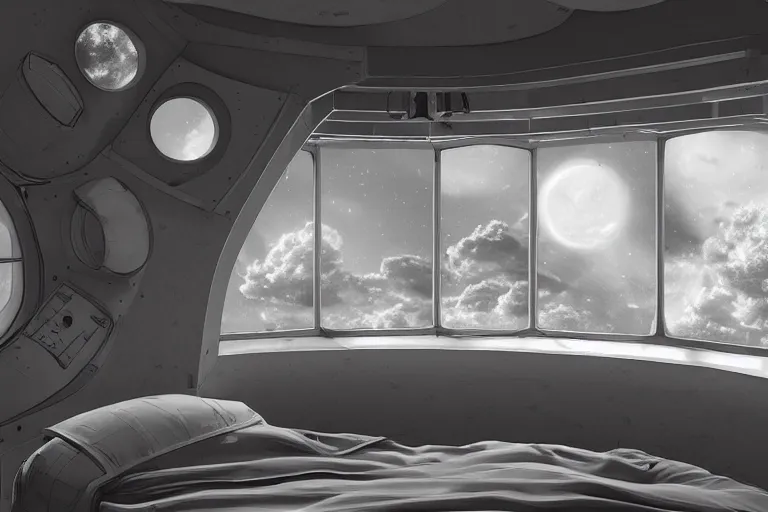 Image similar to small bedroom quarters inside rocket ship with gray metallic factory engine walls and small window looking into space, details, sharp focus, intricate, high definition, movie set, retro style, 1970s, 1980s, sci-fi, digital Art, 3D, realistic photograph, lucasfilm, space odyessy