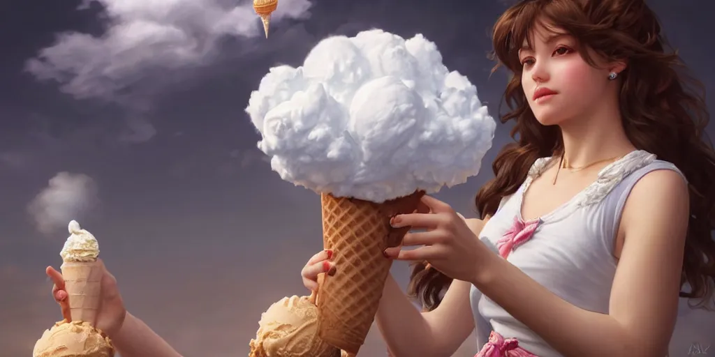 Prompt: a girl with an ice cream cone on hands with a white fluffy cloud in it, realistic 4 k octane cycles beautifully detailed render, 4 k, deep focus, intricate, elegant, highly detailed, photorealistic rendering, sharp focus, illustration, hearthstone, art by artgerm and alphonse mucha