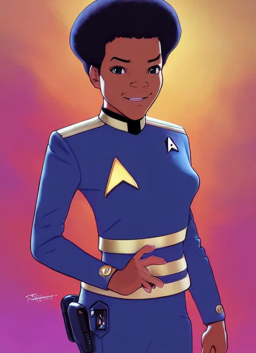 Prompt: cute star trek officer don king, natural lighting, path traced, highly detailed, high quality, digital painting, by don bluth and ross tran and studio ghibli and alphonse mucha, artgerm