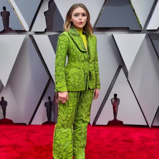 Prompt: elizabeth olsen walking on the red carpet, wearing an avocado stylized suit with the pith in the middle, trending on unsplash, 4 k quality, intricate