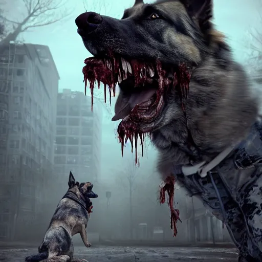 Image similar to dog - walker with german shepherd as angry zombie in a city park, full body portrait, horror core, apocalyptic, sharp focus, fiction, hyper detailed, digital art, trending in artstation, cinematic lighting, studio quality, smooth render, unreal engine 5 rendered, octane rendered, art style and nixeu and wlop and krenz cushart