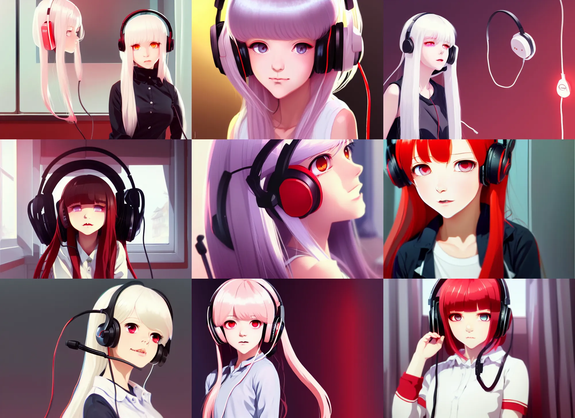 Prompt: high quality visual of a cute girl, with red eyes!!!! and long white hair!!!! wearing a headset in her room interior, art by ilya kuvshinov, crunchyroll, pixiv, danbooru, hd, detailed anime face
