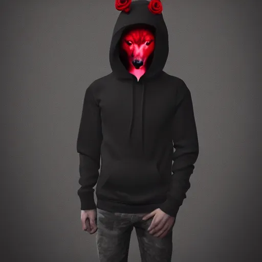 Image similar to wolf like a human, dressed black hoodie, holding red rose in hand, trending on ArtStation, octane render, blender, 8k,