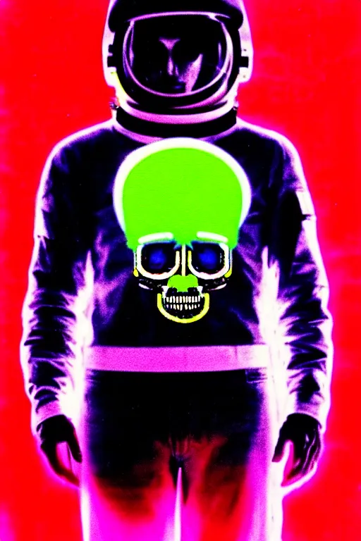 Image similar to astronaut with neon glowing skull 1 9 6 0 s color _ bleed _ video compression video glitch vhs footage akira kurosawa mamoru oshii wes anderson