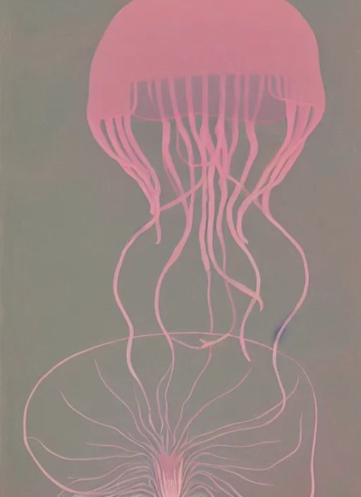 Image similar to pink jellyfish with minimalistic and aesthetic geometric shapes and patterns, muted color palette, symmetric, symbolist, abstract, spiritual art painting by Hilma At Klint