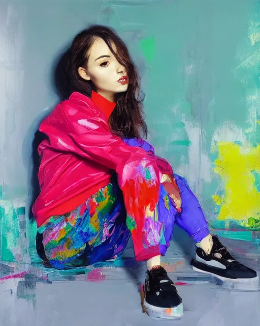 Image similar to a ultradetailed beautiful panting of a stylish woman sitting on the floor in a tiled room, she is wearing streetwear, bright colors, highly detailed face, oil painting, by ruan jia