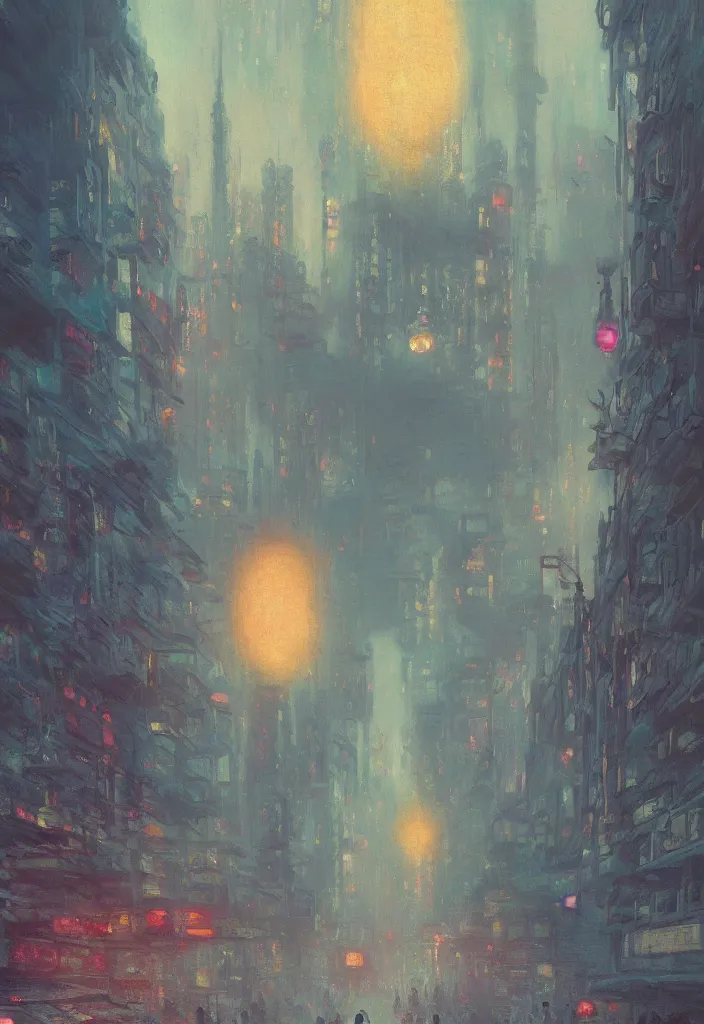 Prompt: a beautiful futuristic city in the clouds, amazing ryokans and gorgeous edo era houses, epic cyberpunk, lofi vibe, colorful, vivide colors, amazing light, really beautiful nature, oil painting in impressionist style, by jeremy lipkin, by claude monet, by makoto shinkai, multiple brush strokes, inspired by ghibli, masterpiece, beautiful