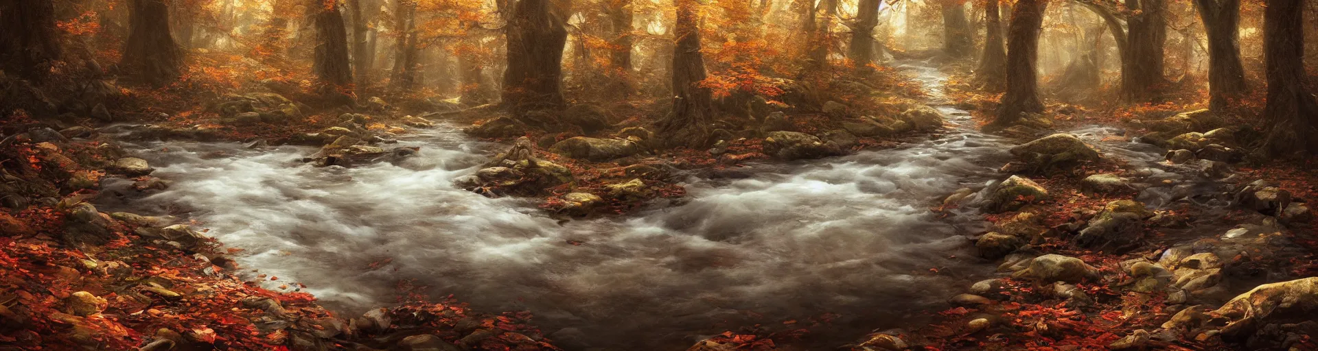 Image similar to stream flowing through autumnal forest, d & d, fantasy, portrait, highly detailed, digital painting, trending on artstation, concept art, sharp focus, illustration, art by artgerm and greg rutkowski and magali villeneuve