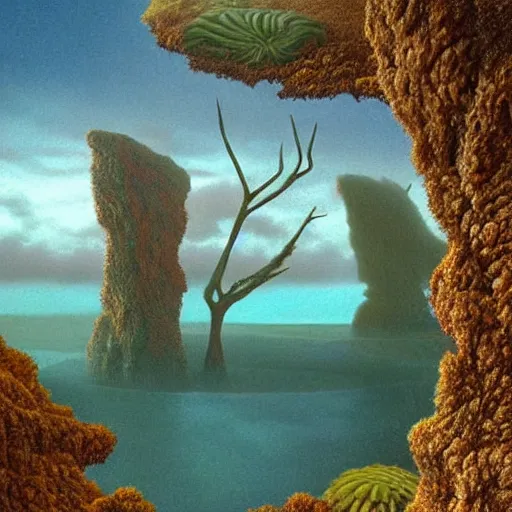 Image similar to artistic digital artwork of a lush natural scene on an alien planet. beautiful landscape by lurid ( 2 0 2 2 ), michael whelan and remedios varo. weird vegetation. cliffs and water. grainy and rough. interesting pastel colour palette. beautiful light. oil and water colour based on high quality render.