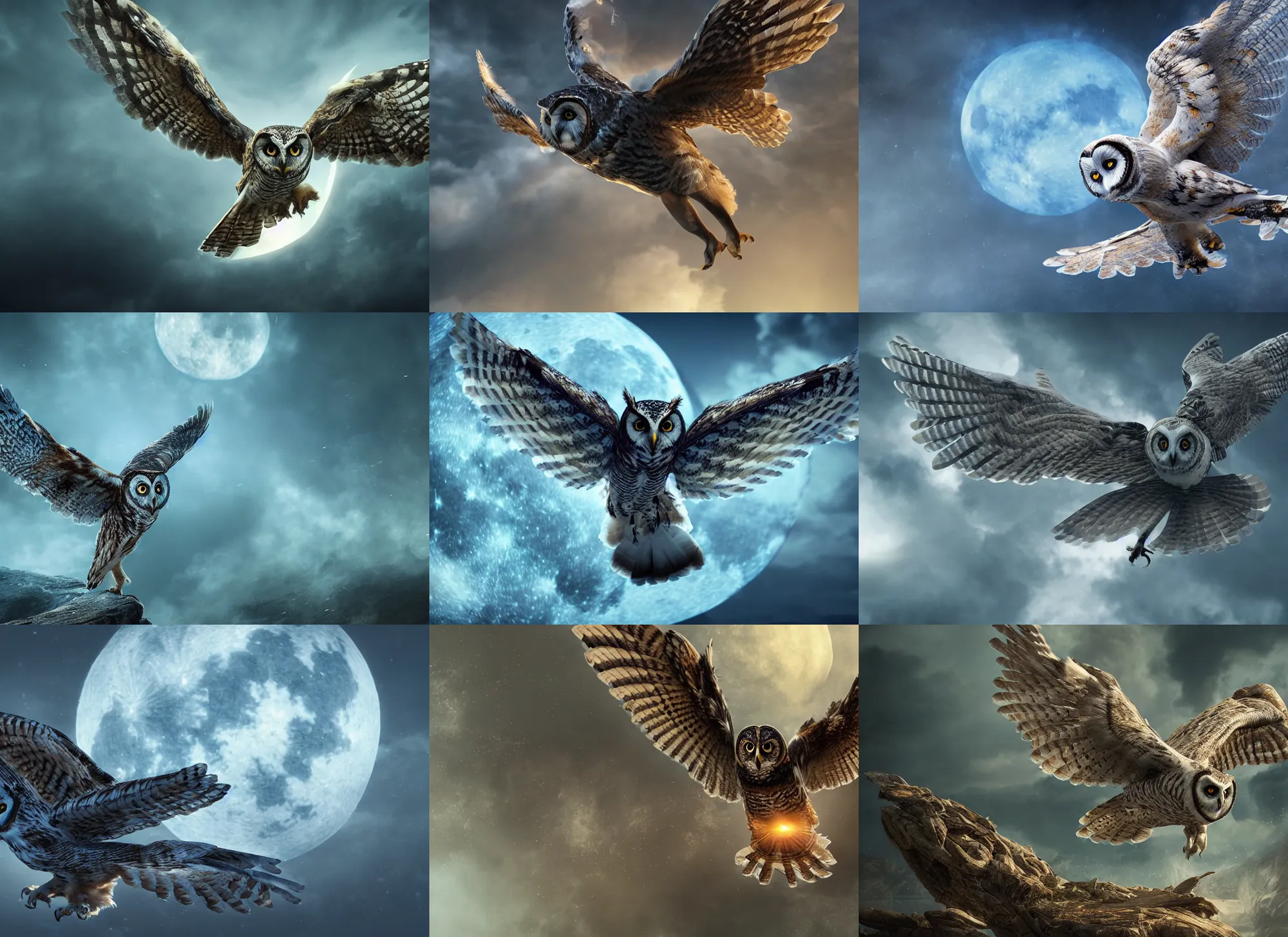 Prompt: owl with wings spread, intricate detail, volumetric lighting, epic composition, hyper detailed, ultra realistic, sharp focus, octane render, volumetric, ray tracing, sense of awe, swirling mist, blue moon