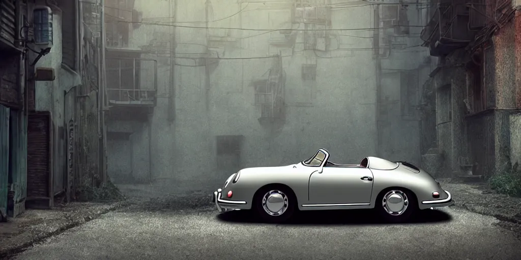 Image similar to a wholesome animation key shot of a focused old silver Porsche 356 roadster car parked in an abandoned alleyway, medium shot, waist up, studio Ghibli, Pixar and Disney animation, sharp, very detailed, high resolution, Rendered in Unreal Engine 5, anime key art by Greg Rutkowski, Bloom, dramatic lighting