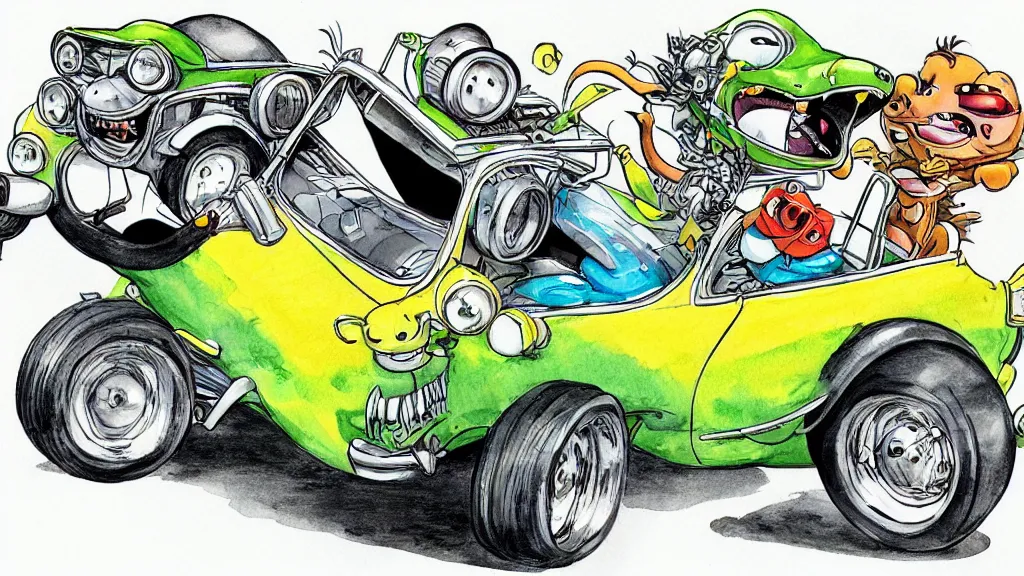 Image similar to cute and funny, racoon riding in a tiny hot rod coupe with oversized engine, ratfink style by ed roth, centered award winning watercolor pen illustration, by chihiro iwasaki and james nyika, edited by range murata