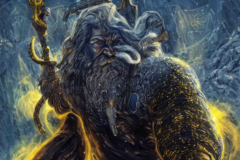 Prompt: mythological Odin all father god of thunder and artificial intelligence creating an artificial neural network with yellow synapses on an anvil in the ethereal city of valhalla, high resolution, award winning art, trending on art station, sharp image, incredibly detailed, odin all father detailed character realistic painting