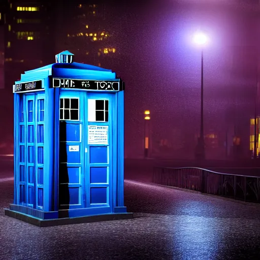 Image similar to a hyperdetailed photograph of the tardis sat on a futuristic street corner, night, dense fog, rain, hd, 8 k resolution