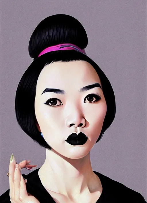 Image similar to portrait of an asian woman with a crooked nose and a confident expression, 1 9 6 0 s, black clothes, goth, punk, brightly coloured hair, funk, intricate, elegant, highly detailed, digital painting, artstation, concept art, smooth, sharp focus, illustration, art by wlop, mars ravelo and greg rutkowski