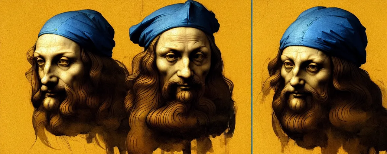 Prompt: duotone golden blue portrait of leonardo da vinci with complex sketches concept illustration of 3 / 4 portrait. cinematic volumetric lighting. dynamic accidental renaissance. by sachin teng and sergey kolesov and ruan jia and heng z. graffiti art, scifi, fantasy, hyper detailed. octane render. concept art. trending on artstation