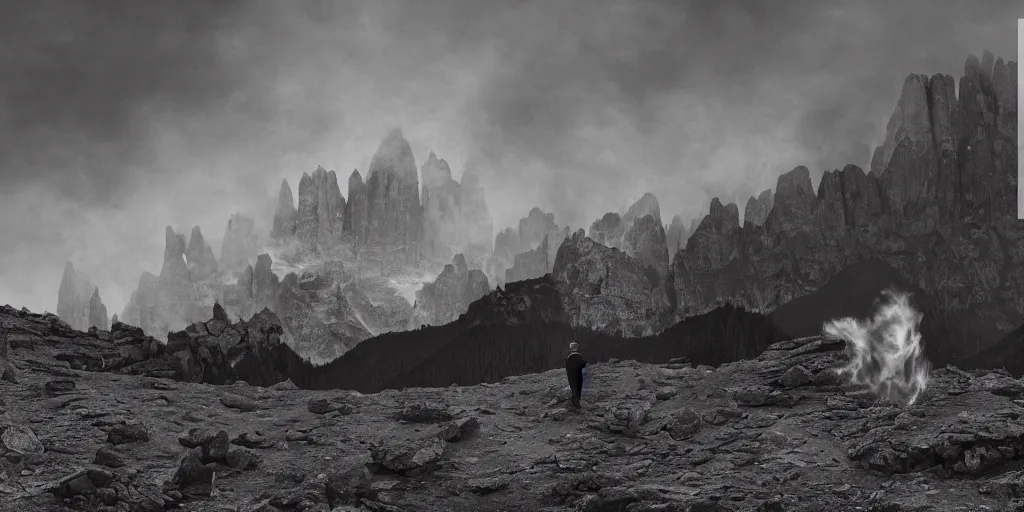 Image similar to 1920s photography of lonely wanderer, dolomites and huge bonfire in the background, occult signs, fire, alp, dolomites, alpine, detailed intricate insanely detailed octane render, 8k artistic 1920s photography, photorealistic, black and white, chiaroscuro, hd, by David Cronenberg, Raphael, Caravaggio