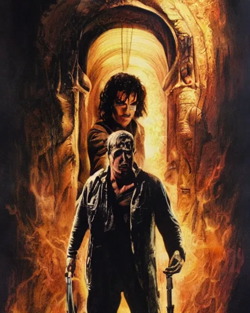 Image similar to brendan frasier in the mummy,, airbrush, drew struzan illustration art, key art, movie poster