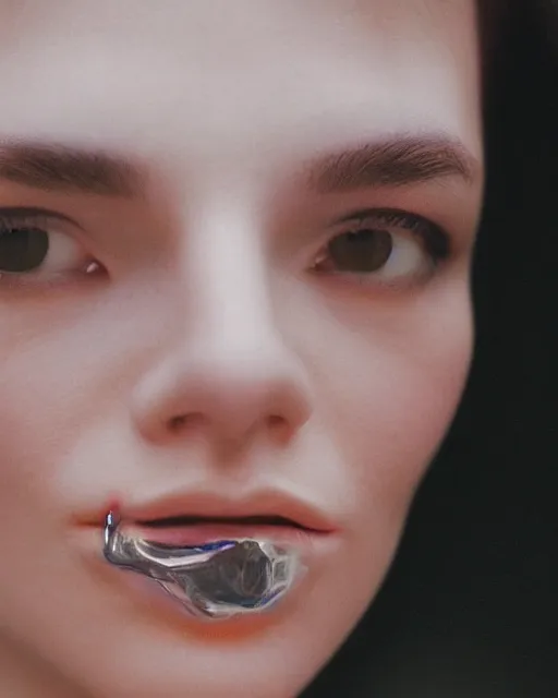 Prompt: soft focus close up portrait of an android with soft synthetic skin, bioluminescent plastics, smooth shiny metal plates, piercings, by annie liebovotz,