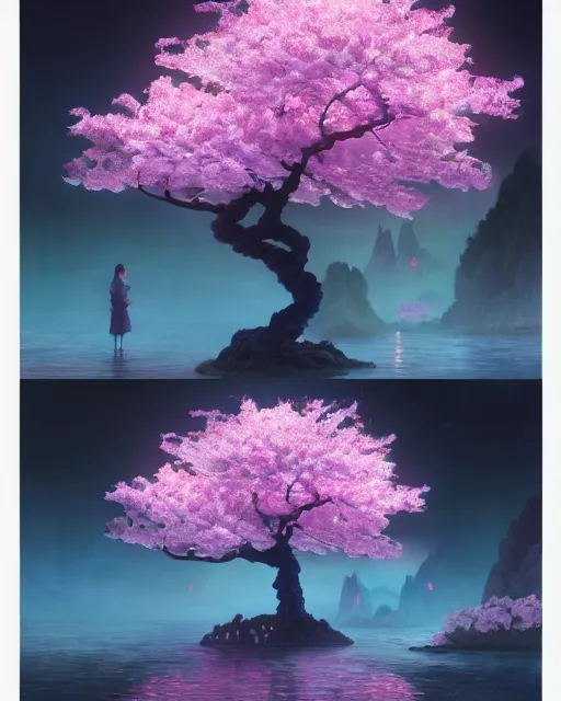 Image similar to one singular matte painting of a beauutiful bioluminescent cherry blossom tree, highly detailed, digital painting, cinematic, hyper realism, dark retrowave, art by stanley lau and artgem and magali villeneuve and alphonse mucha, artstation, octane renderer, cgsociety