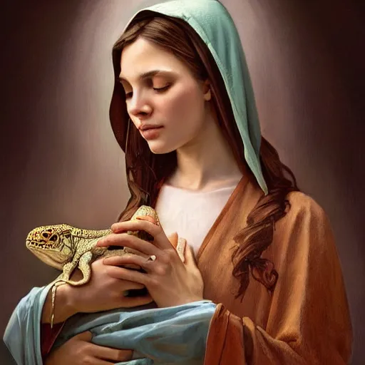 Prompt: the virgin mary holding a reptile, no baby, no baby, highly detailed, digital painting, concept art, smooth, sharp focus, illustration, surrealist, absurd, humorous, photoshop, art by artgerm and greg rutkowski and alphonse mucha