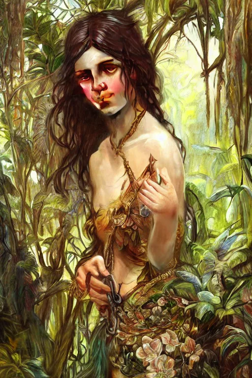 Image similar to ultra realistic illustration, bohemian spanish girl in jungle, staring directly into camera, intricate, elegant, highly detailed, digital painting, artstation, concept art, smooth, sharp focus, illustration, art by artgerm and greg rutkowski and alphonse mucha