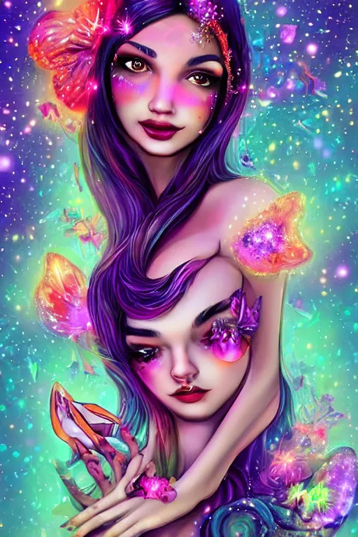 Image similar to psychedelic, digital painting, 4k, illustration, beautiful seductive woman with fox ears smoking weed, with professional makeup, long trippy hair, a crystal and flower dress, sitting on bed of crystals, surrounded by gems, underneath the stars, rainbow fireflies, trending on patreon, deviantart, twitter, artstation, volumetric lighting, heavy contrast, art style of artgerm and Greg Rutkowski and alphonse mucha