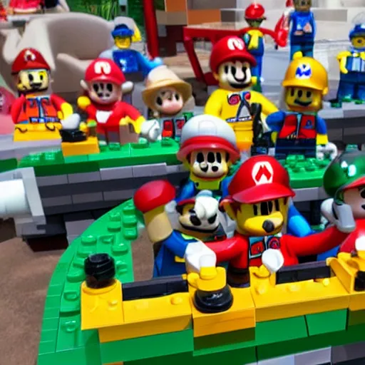 Image similar to a photo of realistic plumber mario in a roller coaster, lego mini figures