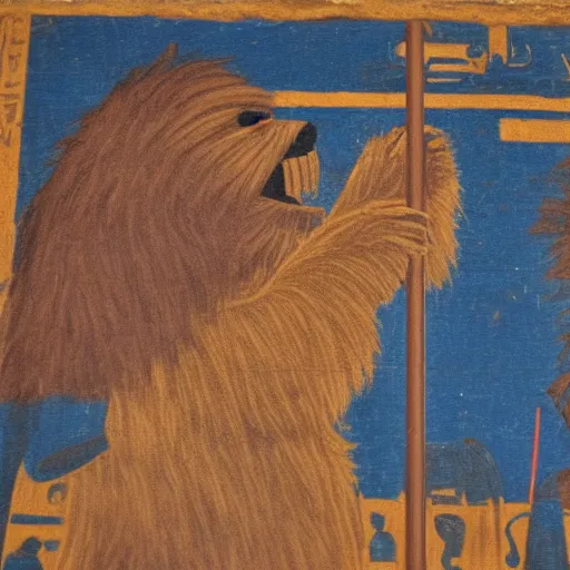 Prompt: An ewok eating a lollipop, Ancient Egyptian mural