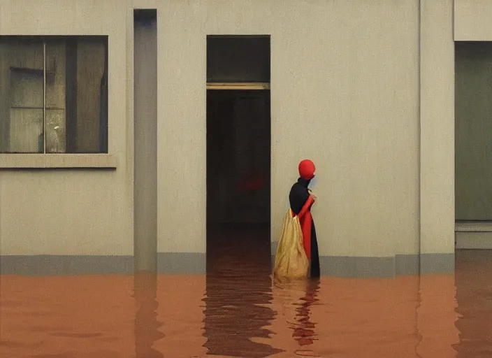 Image similar to woman dressed in plastic bags in paper bag over the head on flooded street Edward Hopper and James Gilleard, Zdzislaw Beksinski, highly detailed