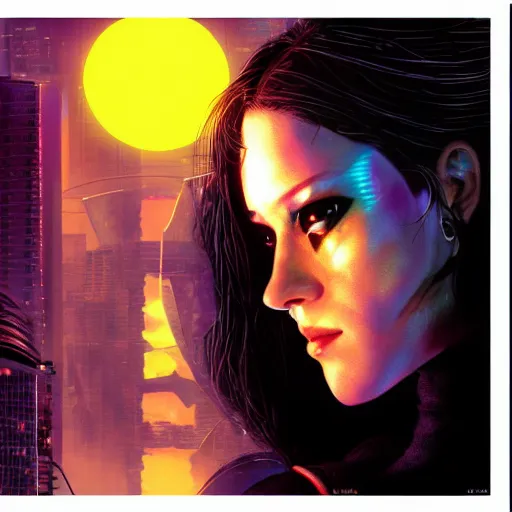 Prompt: Cyberpunk woman with eye implants, city, sunset, night, moon, buildings, portrait shot, illustration, poster art by Drew Struzan