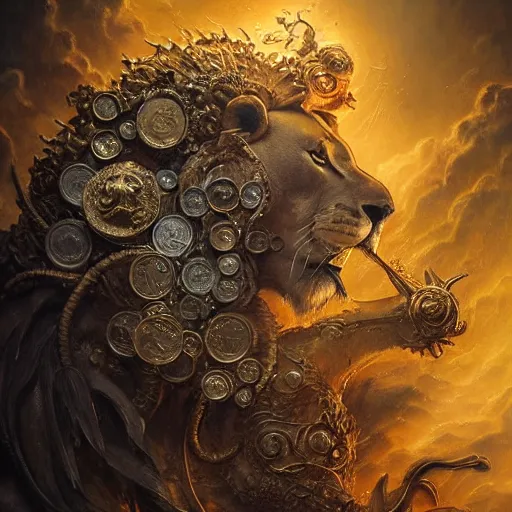 Image similar to a beautiful detailed 3 d matte of a alchemist lion, by ellen jewett, by tomasz alen kopera, ominous, magical realism, texture, intricate, skull, skeleton, gold coins, money, whirling smoke, alchemist bottles, radiant colors, fantasy, volumetric lighting, high details