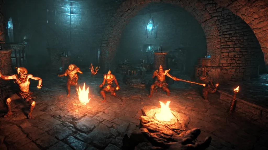 Image similar to delicious torch lit prison dungeon jail cell alchemist light magic barbarian skulls scattered around atmospheric unreal engine hyperreallistic render 8k character concept art masterpiece screenshot from the video game the Elder Scrolls V: Skyrim moody orange 2700K global illumination