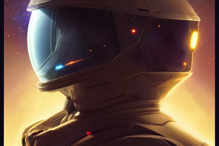 Prompt: Portrait of a Futuristic reflective spacesuit visor mirror spacesuit reflecting a nebula supernova in space, portrait, elegant, intricate, digital painting, artstation, concept art, smooth, sharp focus, illustration, art by artgerm and greg rutkowski and alphonse mucha