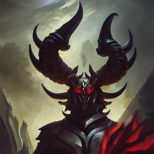 Image similar to Greg Manchess portrait painting of a large-horned demonic, devil armored character from league of legends, medium shot, asymmetrical, profile picture, Organic Painting, sunny day, Matte Painting, bold shapes, hard edges, street art, trending on artstation, by Huang Guangjian and Gil Elvgren and Sachin Teng