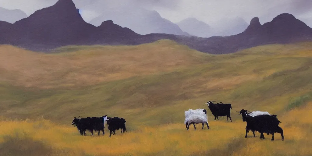 Prompt: painting of rocky highlands with goats grazing in the distance, overcast skies, muted colors