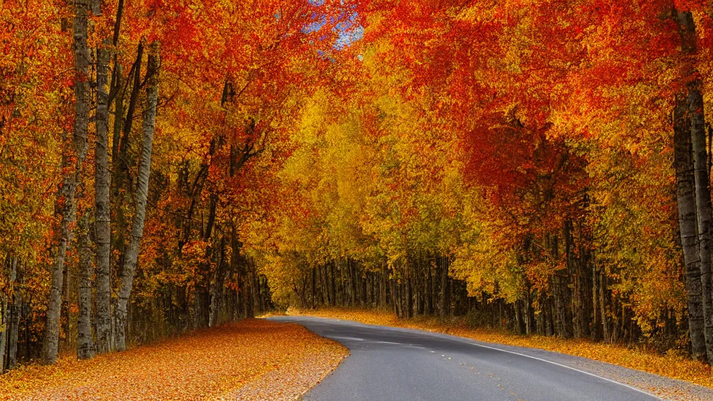 Prompt: a photograph of a country road lined on both sides by! maple and poplar trees, in the autumn, red orange and yellow leaves, some leaves have fallen and are under the trees and on the road