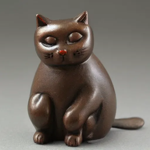 Image similar to elegant anthropomorphic cat figurine wearing a kimono, brown resin, toggles, very highly detailed, intricate, monotone, shy looking down