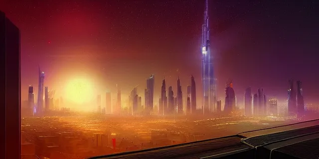 Image similar to a beautiful network of glowing futuristic cubes appears in the sky above a cyberpunk dubai city, atmospheric lighting, intricate, volumetric lighting, beautiful, sharp focus, ultra detailed, in the art style of marc simonetti, bowater charlie and brom gerald, astrophotography