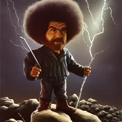 Prompt: bob ross dressed as a superhero, standing on rocky ground, angry expression, detailed facial features, lightning behind, dark background, action pose, holding a paintbrush in his hand, ultra - detailed, intricate, detailed shadows and textures, 8 k, action pose, art by beksinski w - 1 0 2 4 h - 1 2 8 0